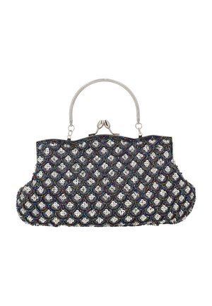 Fekete kézi táska ezüst fém kerettel és zárral, ezüst flitterekkel és többszínű gyöngyös virágmintákkal díszítve.