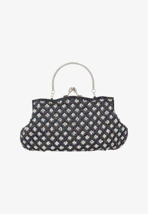 Pochette da sera nera da tenere in mano con cornice e chiusura in metallo argentato, decorata con paillettes argento e motivi floreali intrecciati con perline multicolori.