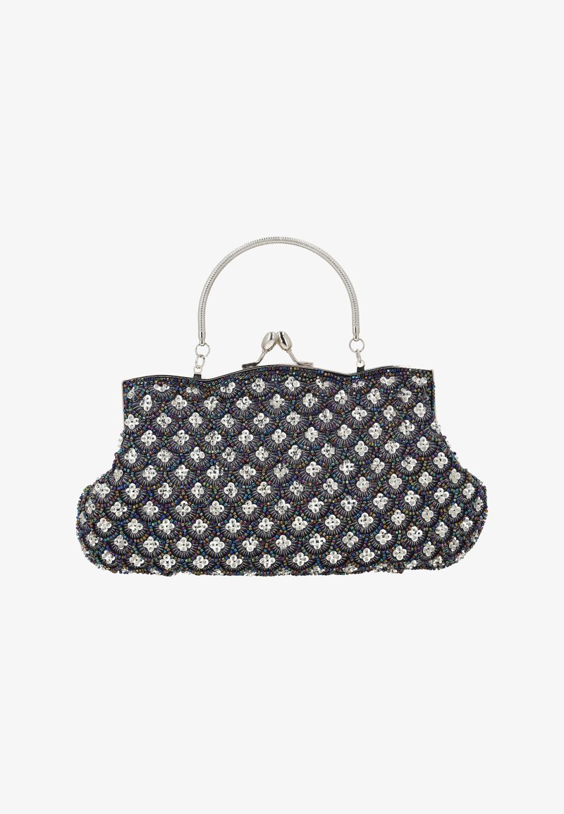 Fekete kézi táska ezüst fém kerettel és zárral, ezüst flitterekkel és többszínű gyöngyös virágmintákkal díszítve.