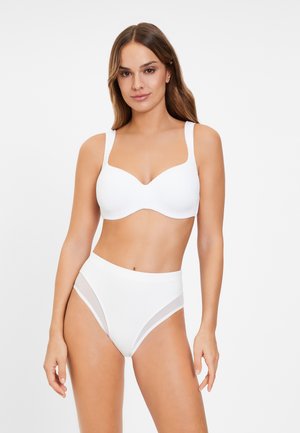 White lingerie set featuring a smooth, molded bra with wide straps and high-waisted panties with sheer side panels.