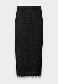 Black midi skirt featuring a textured pattern with fringed detailing along the hem. Made of lightweight fabric, it has a fitted silhouette.