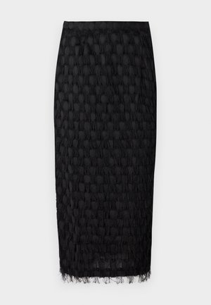Black midi skirt featuring a textured pattern with fringed detailing along the hem. Made of lightweight fabric, it has a fitted silhouette.