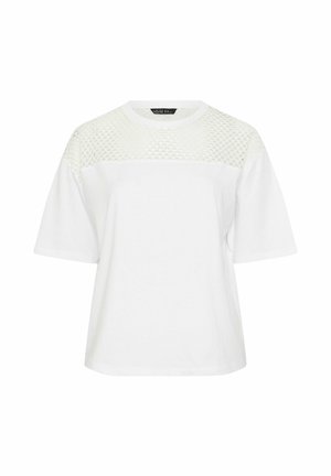 Maglietta bianca a maniche corte con scollo tondo e dettaglio in tessuto a rete sul petto e sulle spalle.