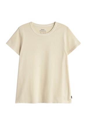 Kurzärmliges T-Shirt aus baumwollähnlichem Cremefarben mit rundem Ausschnitt, etikettenfrei und kleinem schwarzen Stoffmarkenetikett an der Seitennaht.