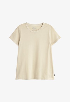 Kurzärmliges T-Shirt aus baumwollähnlichem Cremefarben mit rundem Ausschnitt, etikettenfrei und kleinem schwarzen Stoffmarkenetikett an der Seitennaht.