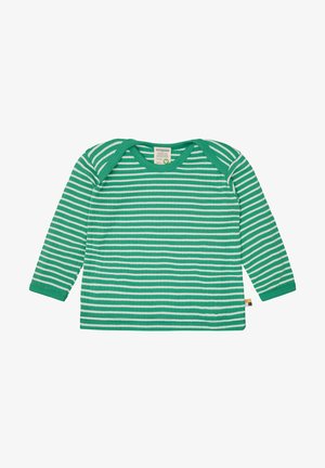 Grün-weiß gestreiftes Langarmshirt aus weichem Material mit Rundhalsausschnitt und gerippten Bündchen. Ein Etikett ist an der Seite sichtbar.