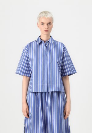 Blue and white striped short-sleeve shirt with a collared neckline and straight cut, made of lightweight fabric.