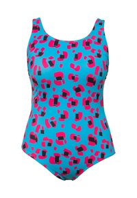 Maillot de bain une pièce bleu vif avec un motif abstrait audacieux composé de formes roses et noires. Texture lisse, bretelles larges et décolleté arrondi.
