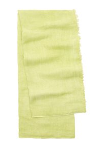 Jasnozielony lniany szal o miękkiej teksturze i frędzlach. Prostokątny kształt luźno się układa, oferując lekką, oddychającą konstrukcję.