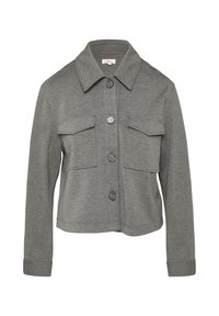 Grijze recht gesneden jacket gemaakt van zachte stof, met een kraag halslijn, een sluiting met knopen aan de voorkant en twee borstzakken.