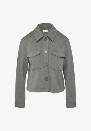 Grijze recht gesneden jacket gemaakt van zachte stof, met een kraag halslijn, een sluiting met knopen aan de voorkant en twee borstzakken.