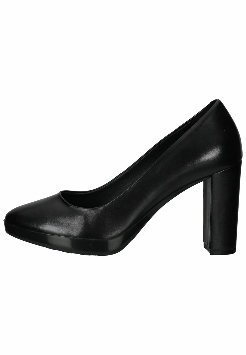 Escarpin noir à talon haut en cuir lisse, avec un bout arrondi, une semelle compensée et un talon épais bloc.