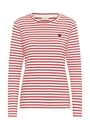 Long-sleeve shirt with red and white horizontal stripes. Features a round neckline and a small heart-shaped patch on the left chest.
