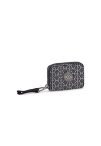 Portafoglio zip-around in tessuto grigio con motivo a diamante, con medaglione logo, dettagli neri e un cinturino per il polso per un facile trasporto.