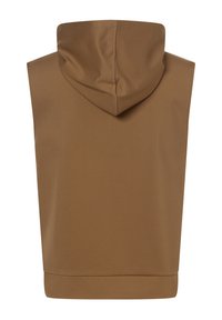 Hoodie sans manches marron en tissu lisse. Comprend une capuche et un ourlet à la taille, sans éléments de design ou motifs supplémentaires.