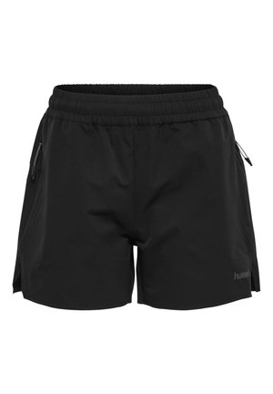 Sorte atletikshorts med elastisk talje, sidelommer med lynlås og lille logo på den nederste venstre ben.