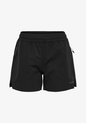 Czarne sportowe spodenki z elastycznym pasem, bocznymi kieszeniami na zamek i małym logo na dolnej lewej nogawce.