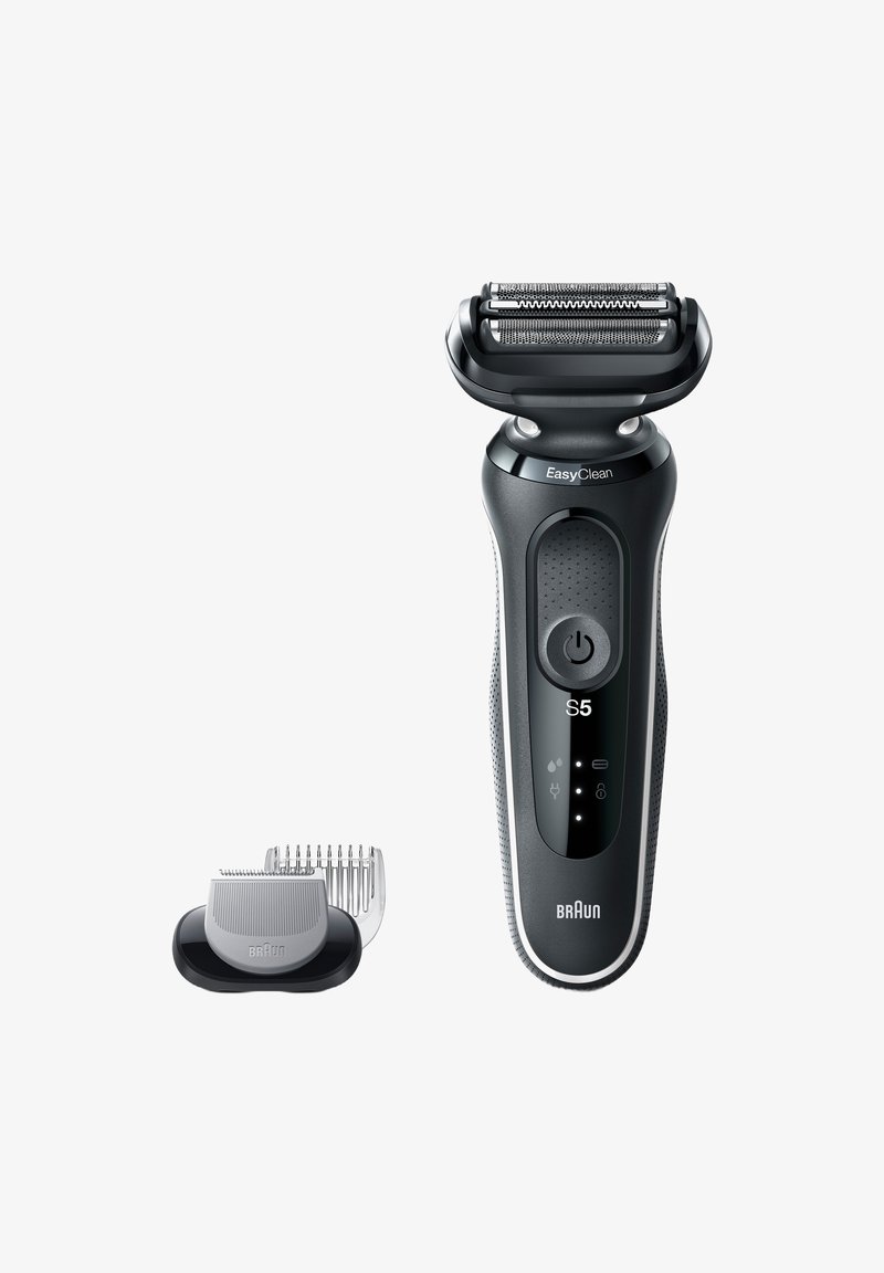 Braun S5 electric shaver in black, featuring a sleek design, EasyClean head, textured grip, and a detachable comb attachment.