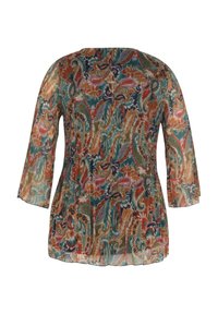 Blouse transparente à motifs avec manches trois-quarts, arborant un design floral multicolore comprenant des touches d'orange, de bleu sarcelle, de rouge et de violet sur un fond clair.