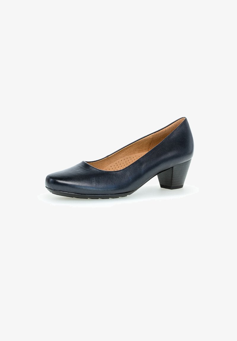 Navy leather pump with a rounded toe, medium block heel, and a textured outsole. The interior features a perforated insole for breathability.