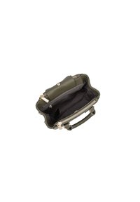 Borsa a mano in pelle verde oliva con superficie texturizzata, chiusura a zip e una tasca interna. Presenta un manico corto e hardware in tonalità oro.