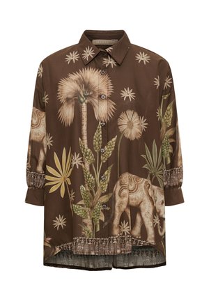 Brun langærmet skjorte med knapper foran, med cremede botaniske tryk og et mønstret elefantdesign i nederste højre side.