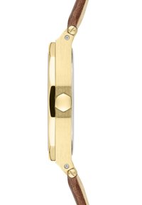 Goldfarbene Uhr mit einem rechteckigen Gehäuse aus Edelstahl, braunem Lederarmband und einer auffälligen Krone für Einstellungen.