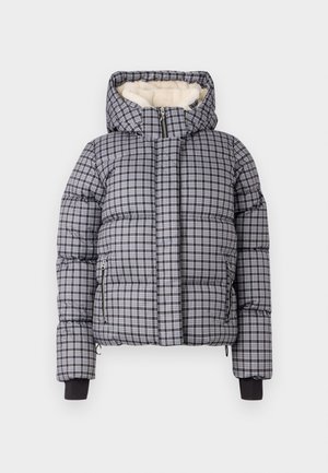 Puffer jacket with a gray and black checked pattern, featuring a fleece-lined hood, zippered pockets, and elasticized cuffs for warmth.