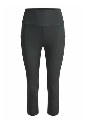 Schwarze, hoch taillierte, kurz geschnittene Leggings mit Seitentaschen und Flatlock-Nähten, entworfen für sportliche oder lässige Kleidung.