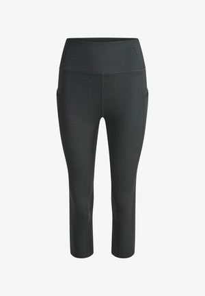 Schwarze, hoch taillierte, kurz geschnittene Leggings mit Seitentaschen und Flatlock-Nähten, entworfen für sportliche oder lässige Kleidung.
