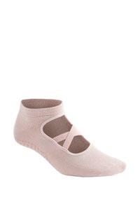 Calzini rosa a scollo basso con fasce incrociate, dotati di una suola testurizzata per una migliore aderenza e di una finitura morbida e liscia. Il design presenta una punta arrotondata.