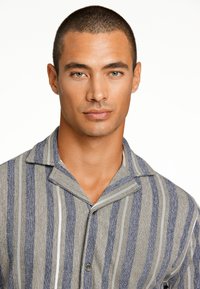 Camicia a maniche corte a righe in blu, grigio e bianco. Presenta un colletto a punta e un tessuto testurizzato con righe verticali.
