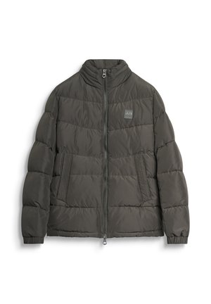Dark gray quilted puffer jacket with front zipper, two side pockets, elastic cuffs, and a small logo patch on the chest.