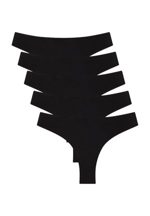Perizoma nero realizzato in un tessuto morbido e liscio, caratterizzato da un design minimalista con fasce sottili in vita e una forma triangolare classica.