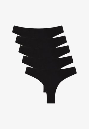 Perizoma nero realizzato in un tessuto morbido e liscio, caratterizzato da un design minimalista con fasce sottili in vita e una forma triangolare classica.