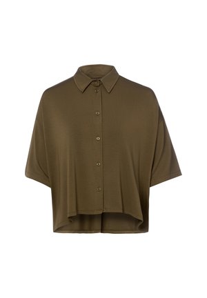 Krótki rękaw, oliwkowo-zielona koszula na guziki z kołnierzykiem i luźnym, pudełkowym krojem, z lekko dłuższym tylnym dołem.
