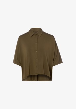 Olijfgroen kortärmelig overhemd met knopen, kraag en een losse, boxy pasvorm, met een iets langere achterkant.