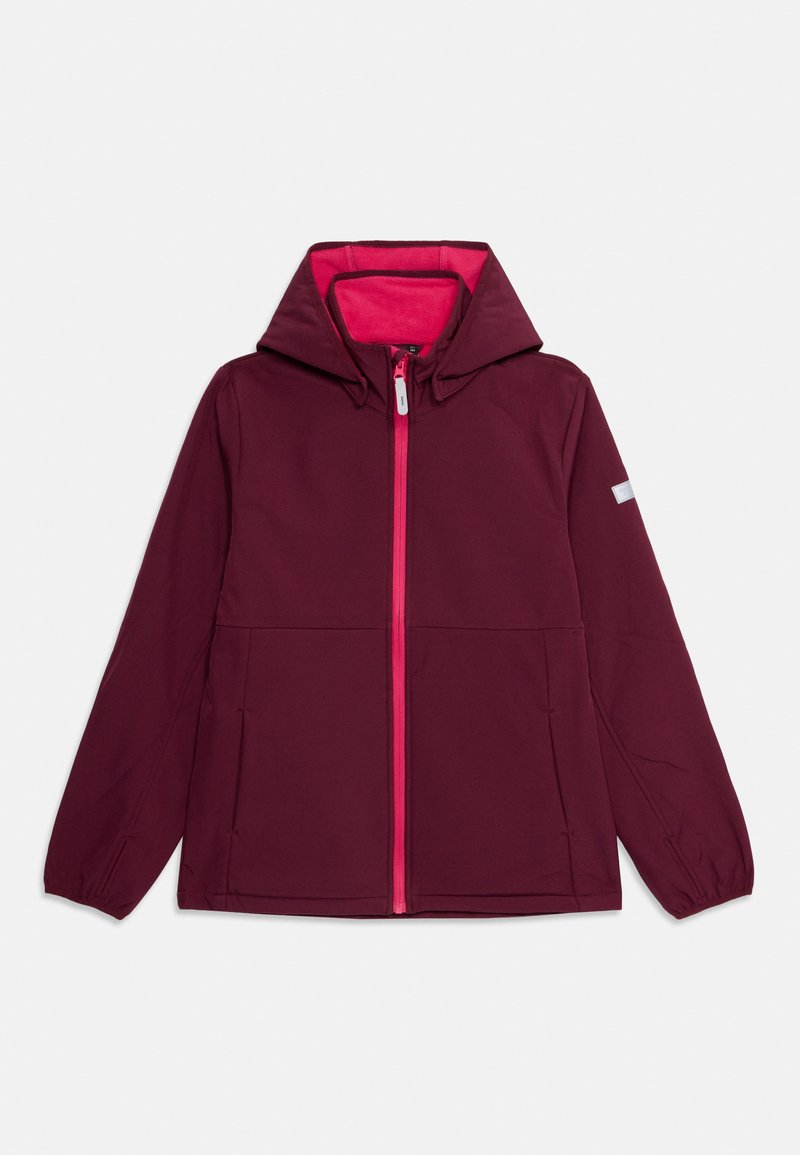 Veste bordeaux avec une doublure rose, fermeture éclair sur le devant et capuche. Elle possède deux poches latérales et un accent réfléchissant sur la manche.