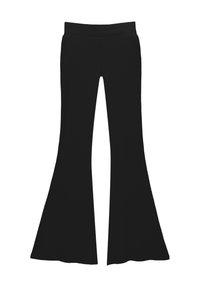 Pantalon noir côtelé évasé avec une ceinture ajustée, présentant une large évasure en bas et une texture lisse sur toute la surface.