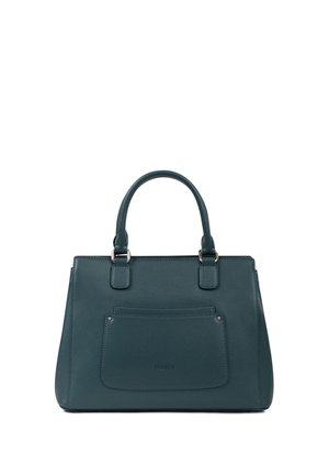 Sac à main en cuir bleu sarcelle foncé avec deux poignées, forme rectangulaire, poche avant avec un logo discret et des accents métalliques argentés.
