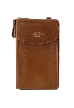 Brown leather wallet with a gold logo, zip closure, and a front pocket. Smooth texture with visible stitching and a compact rectangular shape.
