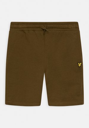 Shorts vert olive en tissu doux avec une taille élastique, un cordon de serrage et un logo brodé jaune sur la jambe gauche.