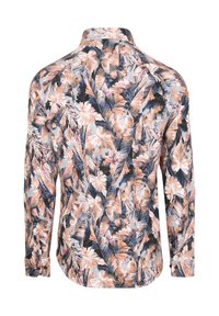 Langsleeve shirt met een kleurrijk tropisch bladerenpatroon in tinten van roze, blauw en zwart, met een klassieke kraag en knopenmanchetten.