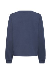Sweat-shirt bleu foncé à manches longues, col rond, avec poignets côtelés, vu de dos sur fond blanc.