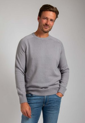 Lichtgrijze gebreide trui met een geribbelde halslijn en manchetten, met een eenvoudig rond ontwerp. gedragen met blauwe denim jeans.