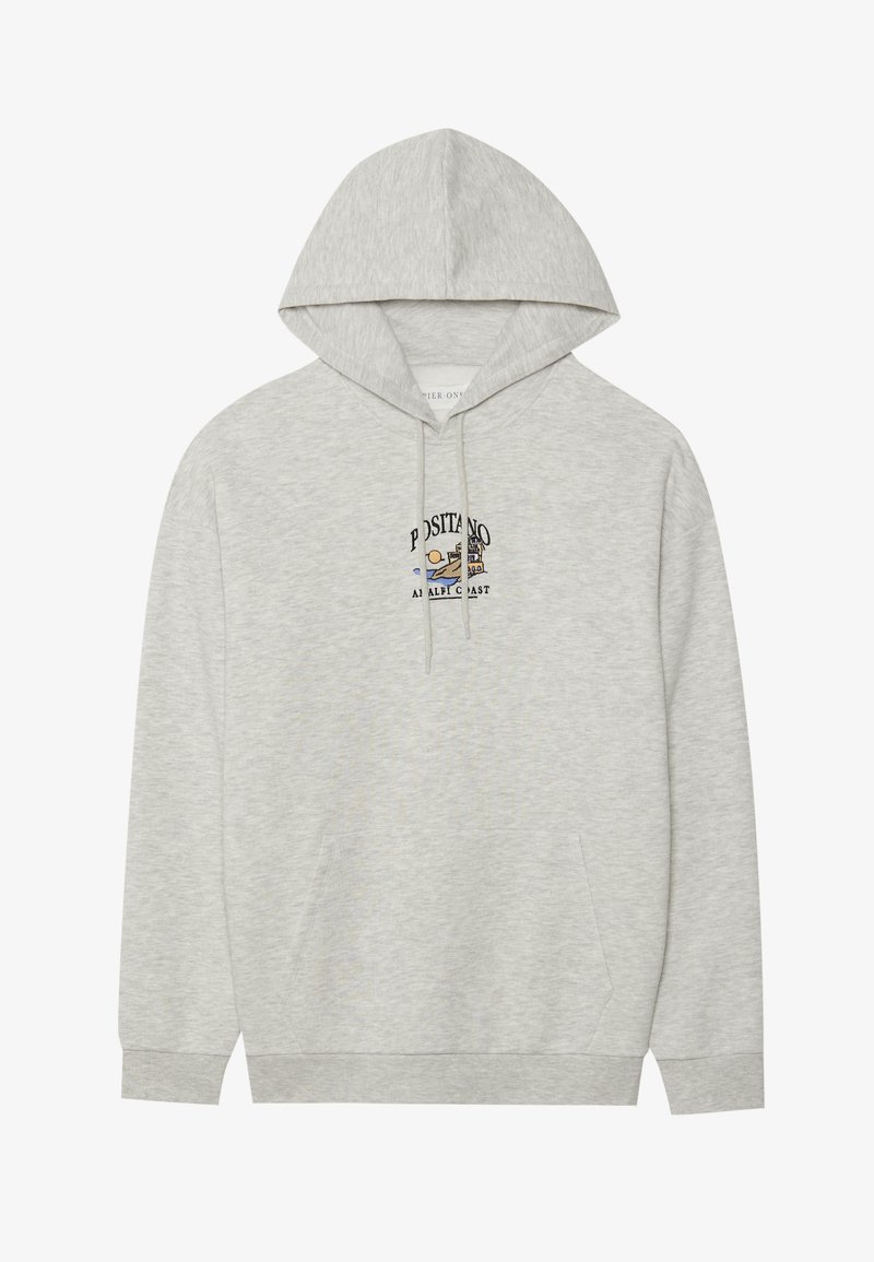 Ανοιχτού γκρι φούτερ από μαλακό ύφασμα, με μπροστινή τσέπη, κορδόνια και κεντημένο σχέδιο "Positano Amalfi Coast" στο στήθος.