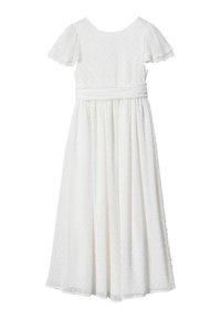 Bílé šaty po kotníky s krátkými volánkovými rukávy, texturovanou látkou s puntíky a detailní nabíranou páskou.