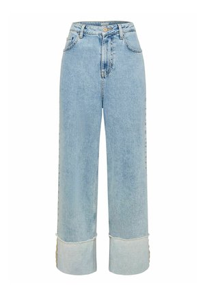 Lichtblauwe wijde jeans met hoge taille, voorste knoopsluiting en rits, vijf zakken en brede opgerolde boorden bij de enkels.