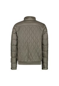 Gewatteerde jas in olijfgroen, met een gequilt textuur, hoge kraag en geribbelde boorden. Glad materiaal met een getailleerde silhoeëet.