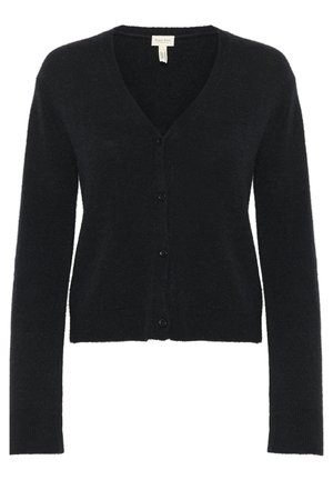 Cardigan noir en tissu doux, avec un col en V, des manches longues, cinq boutons et une coupe ajustée. Sans motifs ni accents matériels.